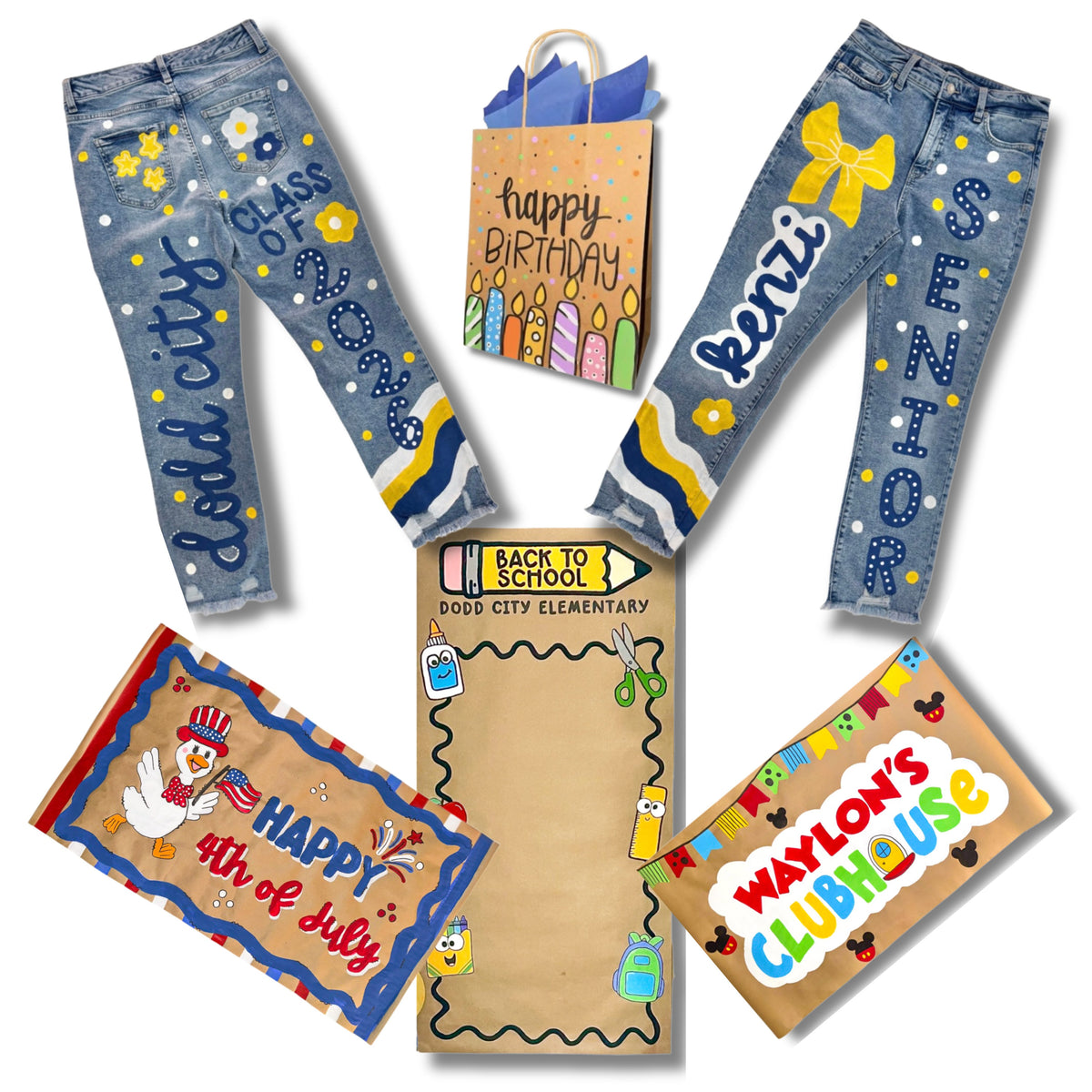 Custom Hand-Painted Banners, Gift-Bags, & Jeans