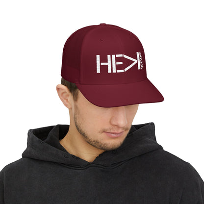 He Must Become Greater – White Text Snapback Trucker Hat (Richardson 112)