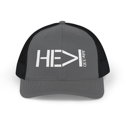 He Must Become Greater – White Text Snapback Trucker Hat (Richardson 112)