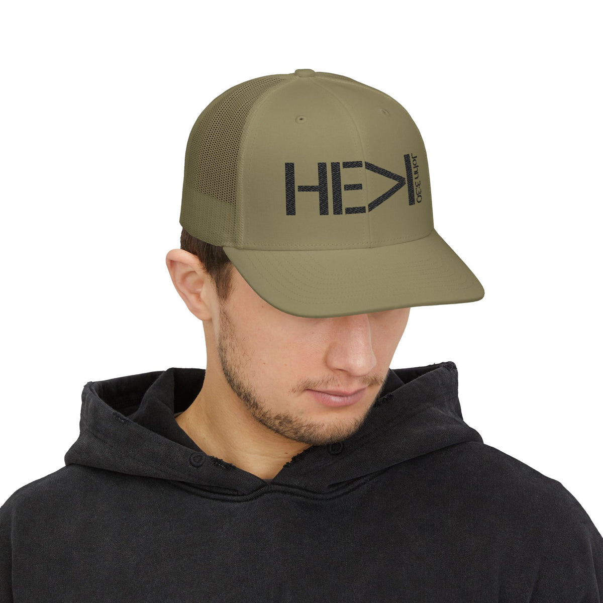 He Must Become Greater – Black Text Snapback Trucker Hat (Richardson 112)