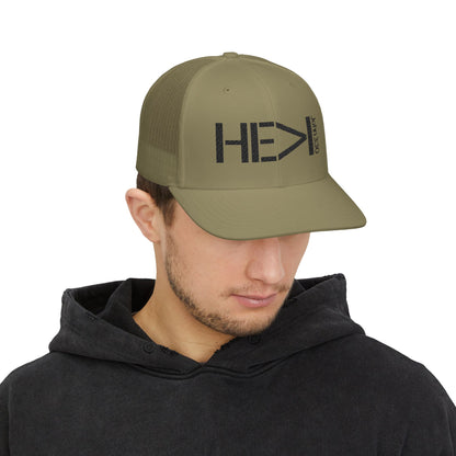 He Must Become Greater – Black Text Snapback Trucker Hat (Richardson 112)