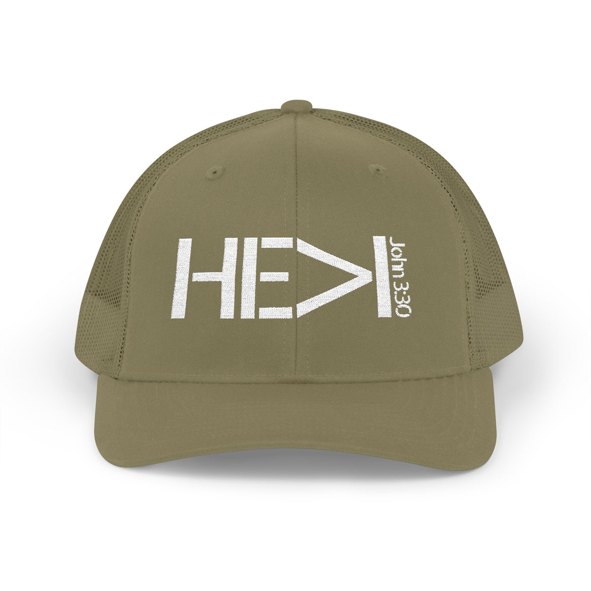 He Must Become Greater – White Text Snapback Trucker Hat (Richardson 112)