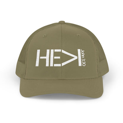 He Must Become Greater – White Text Snapback Trucker Hat (Richardson 112)