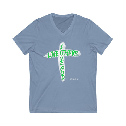 Love God, Love Others V-Neck T-shirt - Green Text - Adult