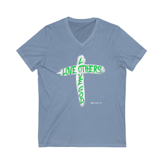 Love God, Love Others V-Neck T-shirt - Green Text - Adult