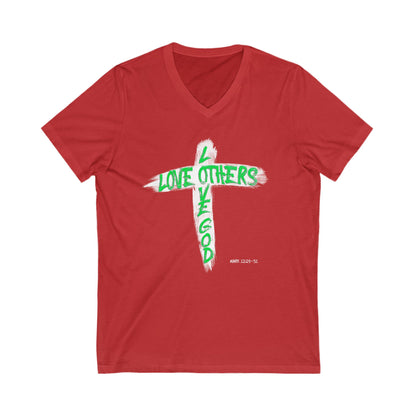 Love God, Love Others V-Neck T-shirt - Green Text - Adult