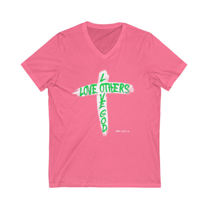 Love God, Love Others V-Neck T-shirt - Green Text - Adult