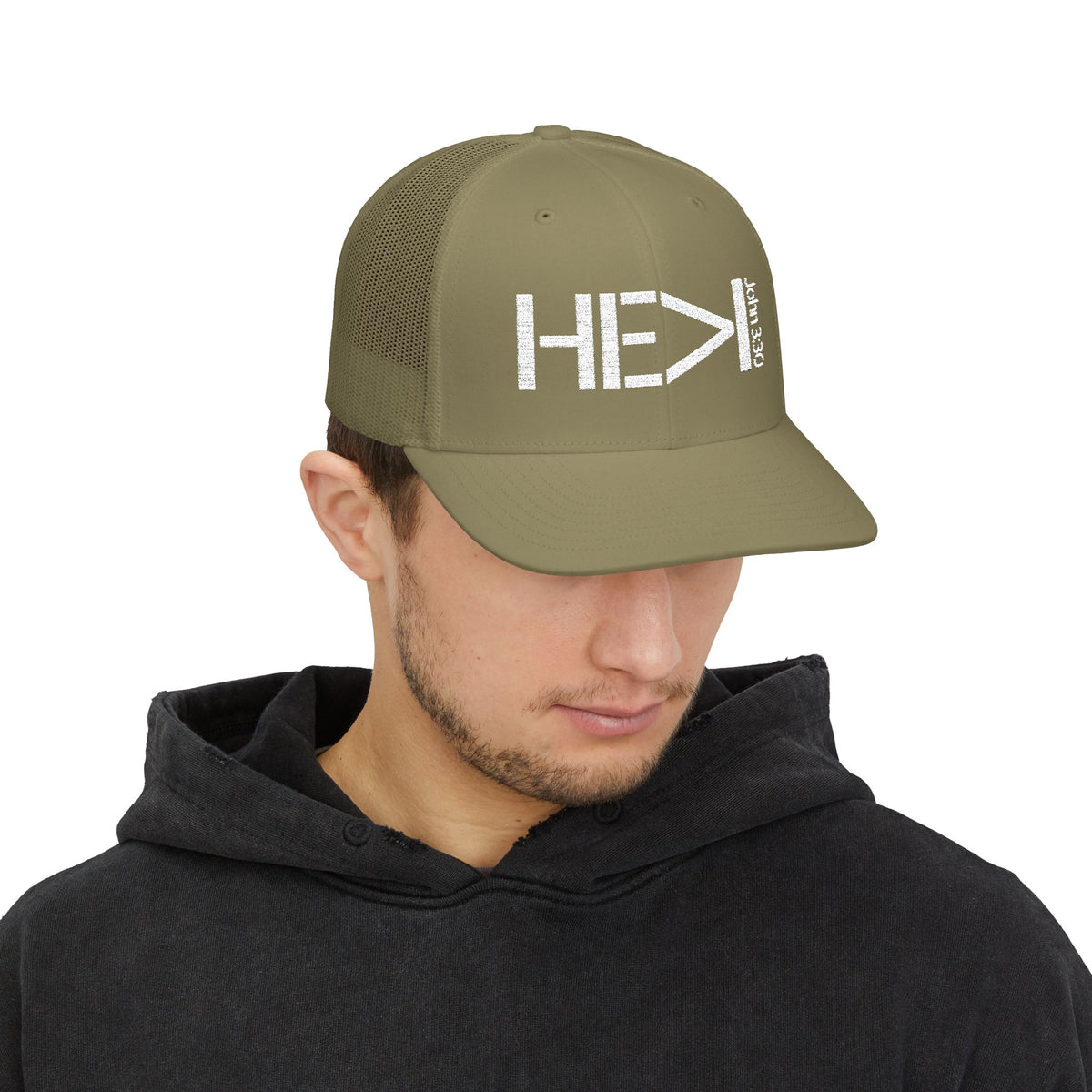 He Must Become Greater – White Text Snapback Trucker Hat (Richardson 112)