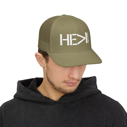 He Must Become Greater – White Text Snapback Trucker Hat (Richardson 112)