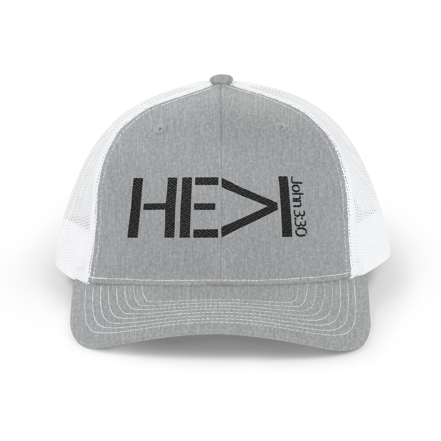 He Must Become Greater – Black Text Snapback Trucker Hat (Richardson 112)