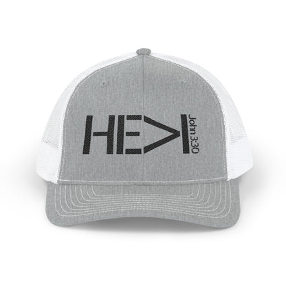 He Must Become Greater – Black Text Snapback Trucker Hat (Richardson 112)