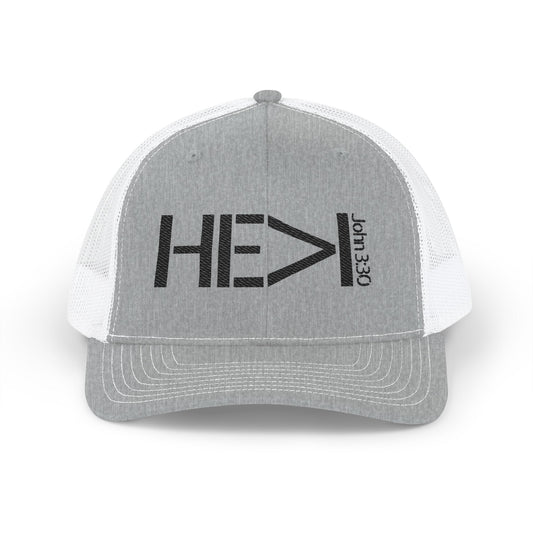 He Must Become Greater – Black Text Snapback Trucker Hat (Richardson 112)