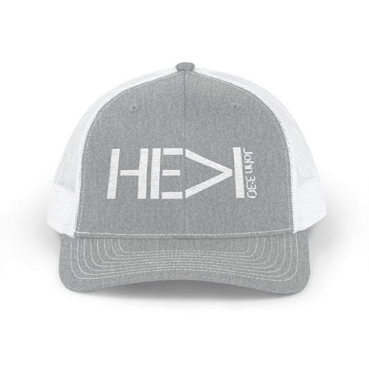 He Must Become Greater – White Text Snapback Trucker Hat (Richardson 112)