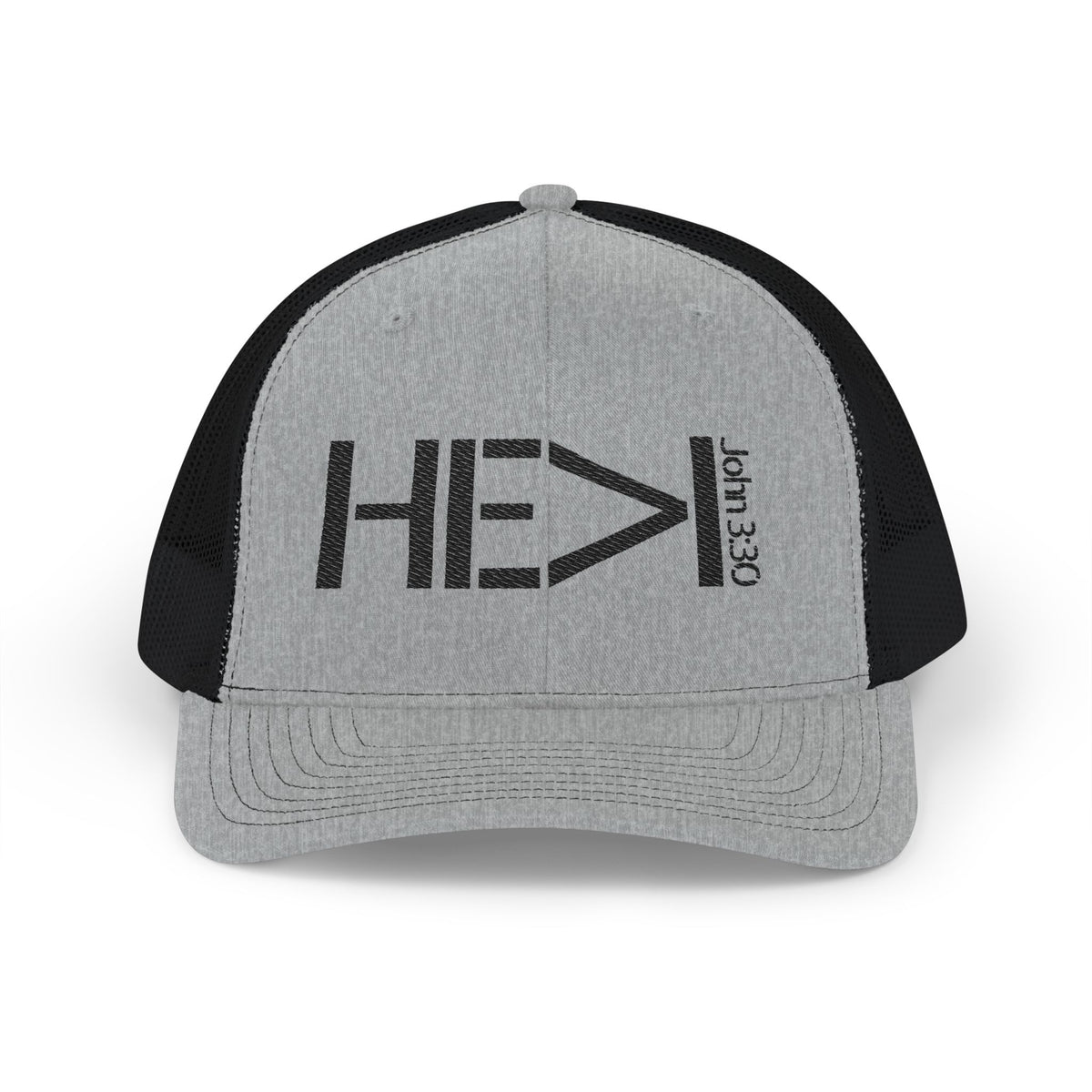 He Must Become Greater – Black Text Snapback Trucker Hat (Richardson 112)