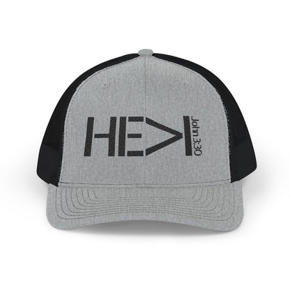 He Must Become Greater – Black Text Snapback Trucker Hat (Richardson 112)