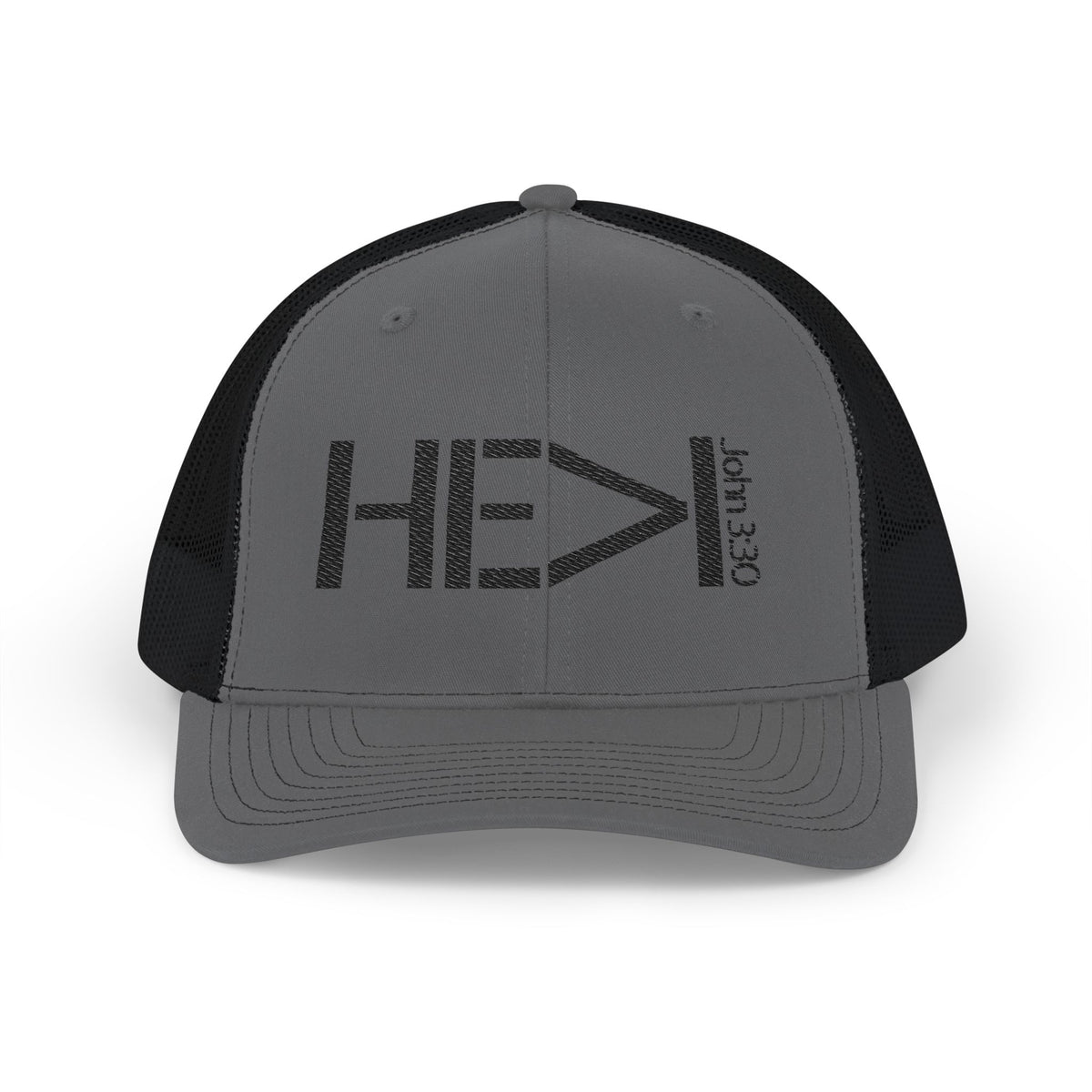He Must Become Greater – Black Text Snapback Trucker Hat (Richardson 112)