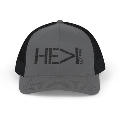 He Must Become Greater – Black Text Snapback Trucker Hat (Richardson 112)