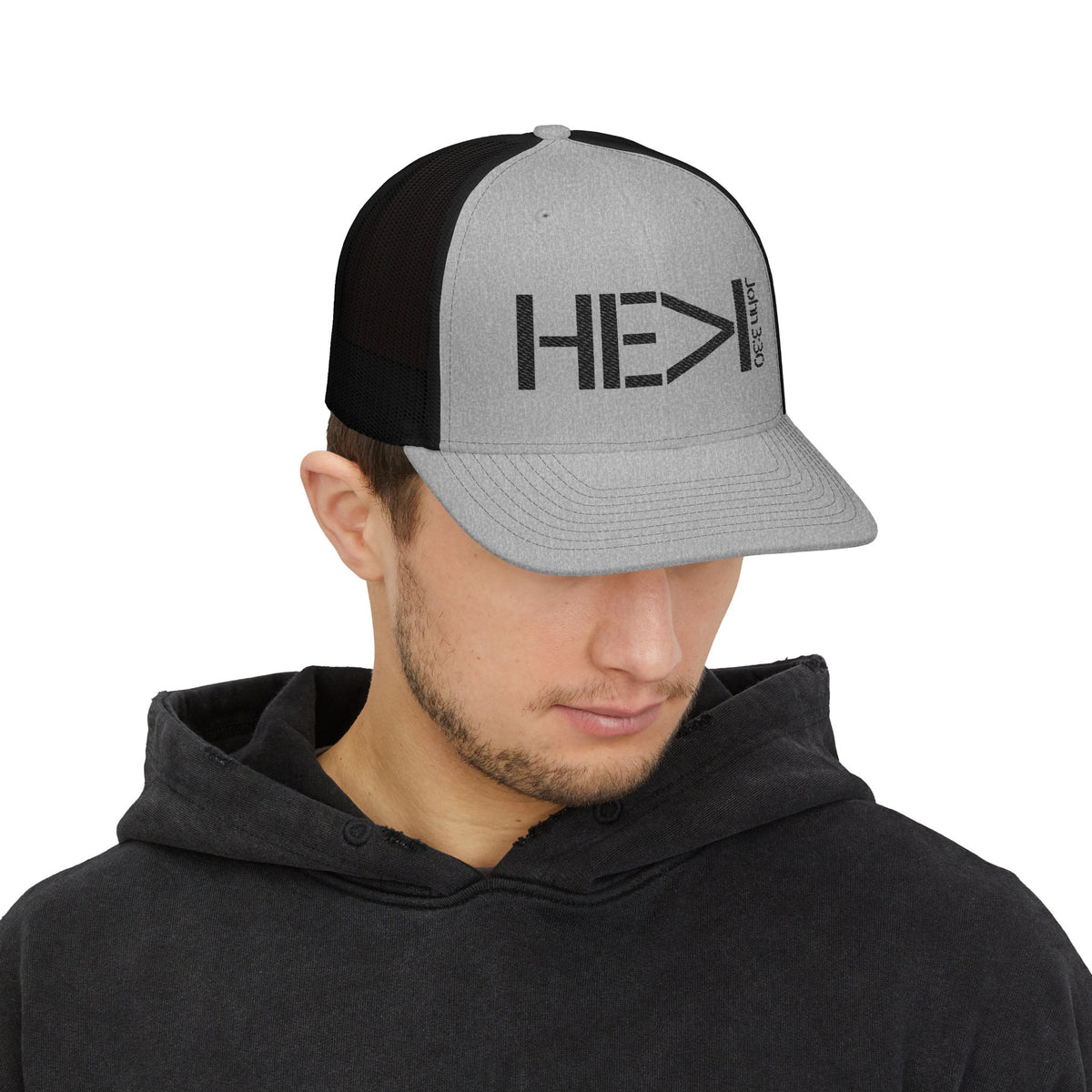 He Must Become Greater – Black Text Snapback Trucker Hat (Richardson 112)