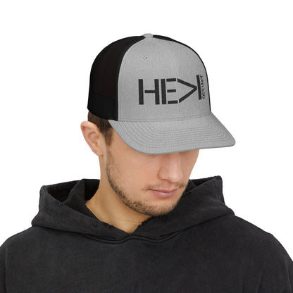 He Must Become Greater – Black Text Snapback Trucker Hat (Richardson 112)