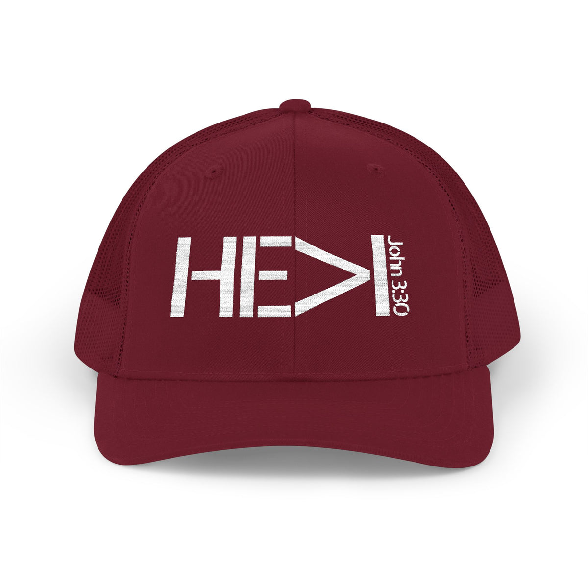 He Must Become Greater – White Text Snapback Trucker Hat (Richardson 112)