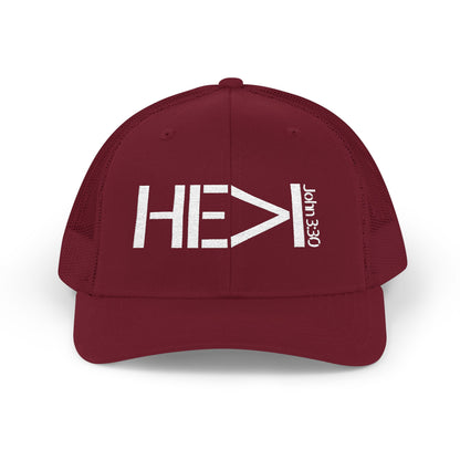 He Must Become Greater – White Text Snapback Trucker Hat (Richardson 112)