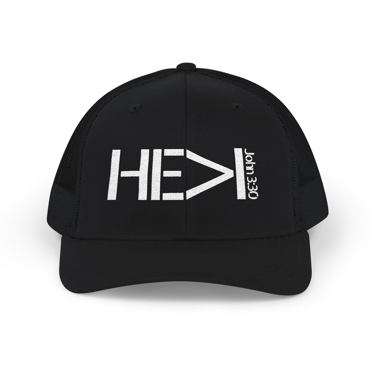 He Must Become Greater – White Text Snapback Trucker Hat (Richardson 112)