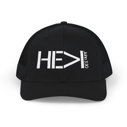 He Must Become Greater – White Text Snapback Trucker Hat (Richardson 112)