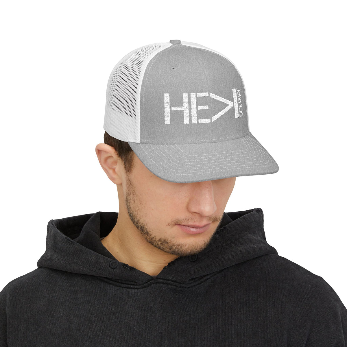 He Must Become Greater – White Text Snapback Trucker Hat (Richardson 112)