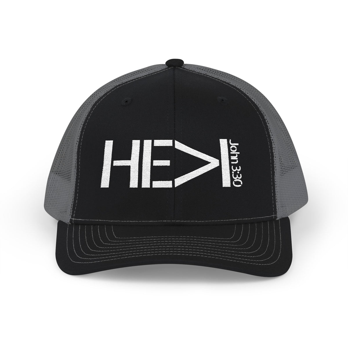 He Must Become Greater – White Text Snapback Trucker Hat (Richardson 112)