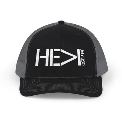 He Must Become Greater – White Text Snapback Trucker Hat (Richardson 112)