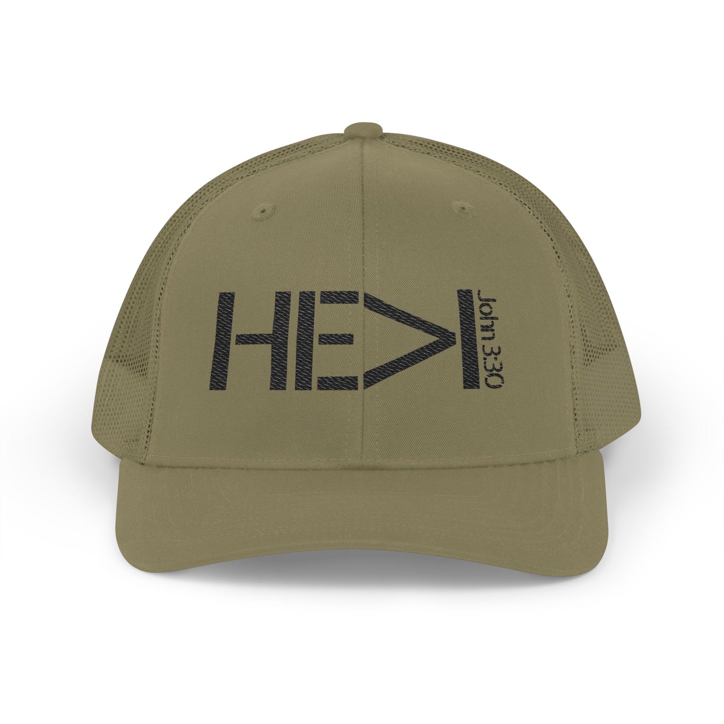 He Must Become Greater – Black Text Snapback Trucker Hat (Richardson 112)