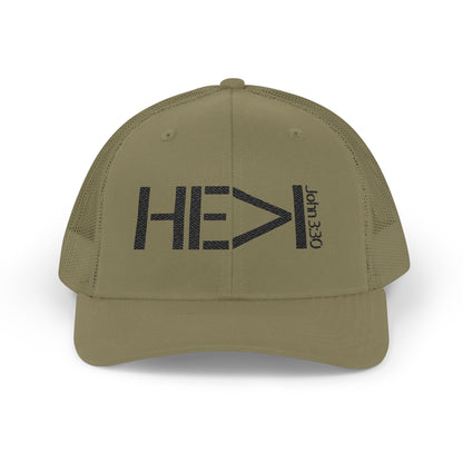 He Must Become Greater – Black Text Snapback Trucker Hat (Richardson 112)