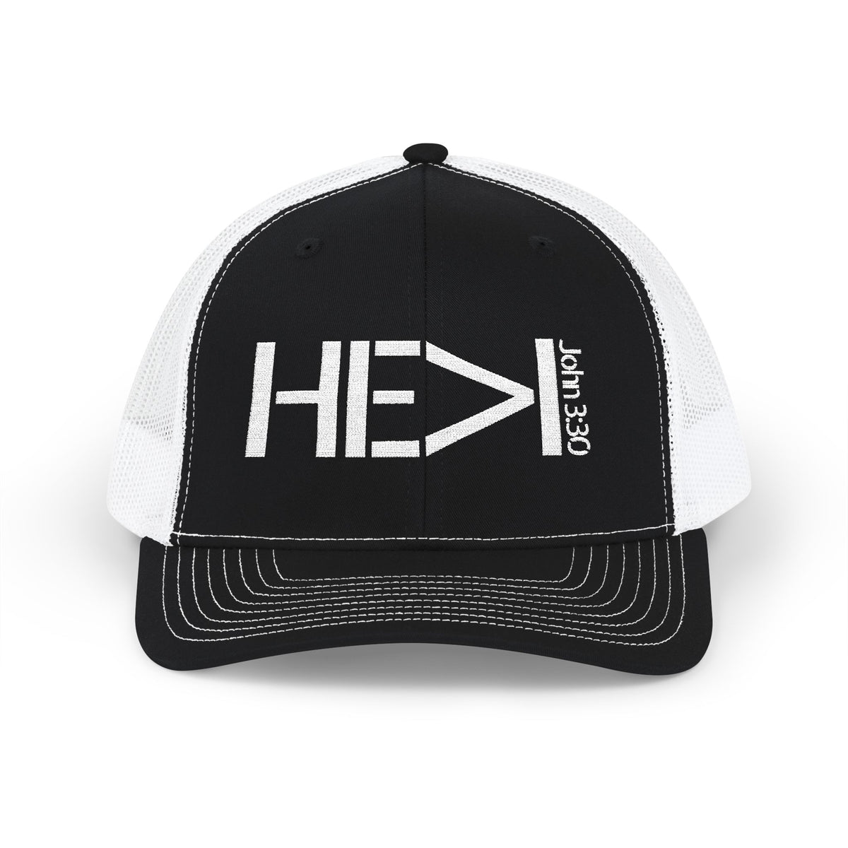He Must Become Greater – White Text Snapback Trucker Hat (Richardson 112)