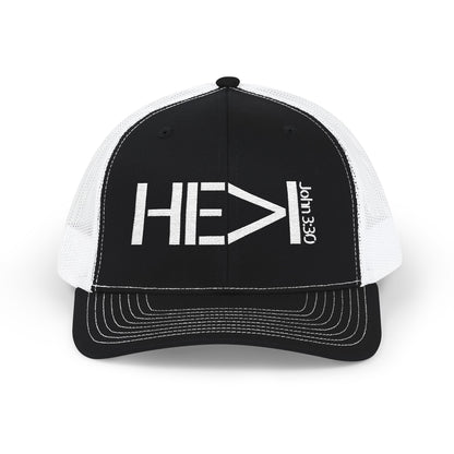He Must Become Greater – White Text Snapback Trucker Hat (Richardson 112)