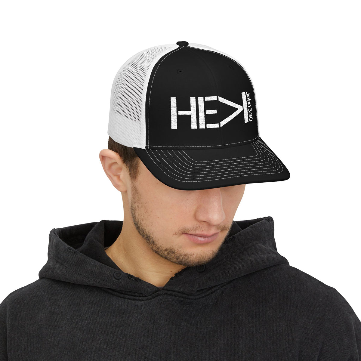 He Must Become Greater – White Text Snapback Trucker Hat (Richardson 112)