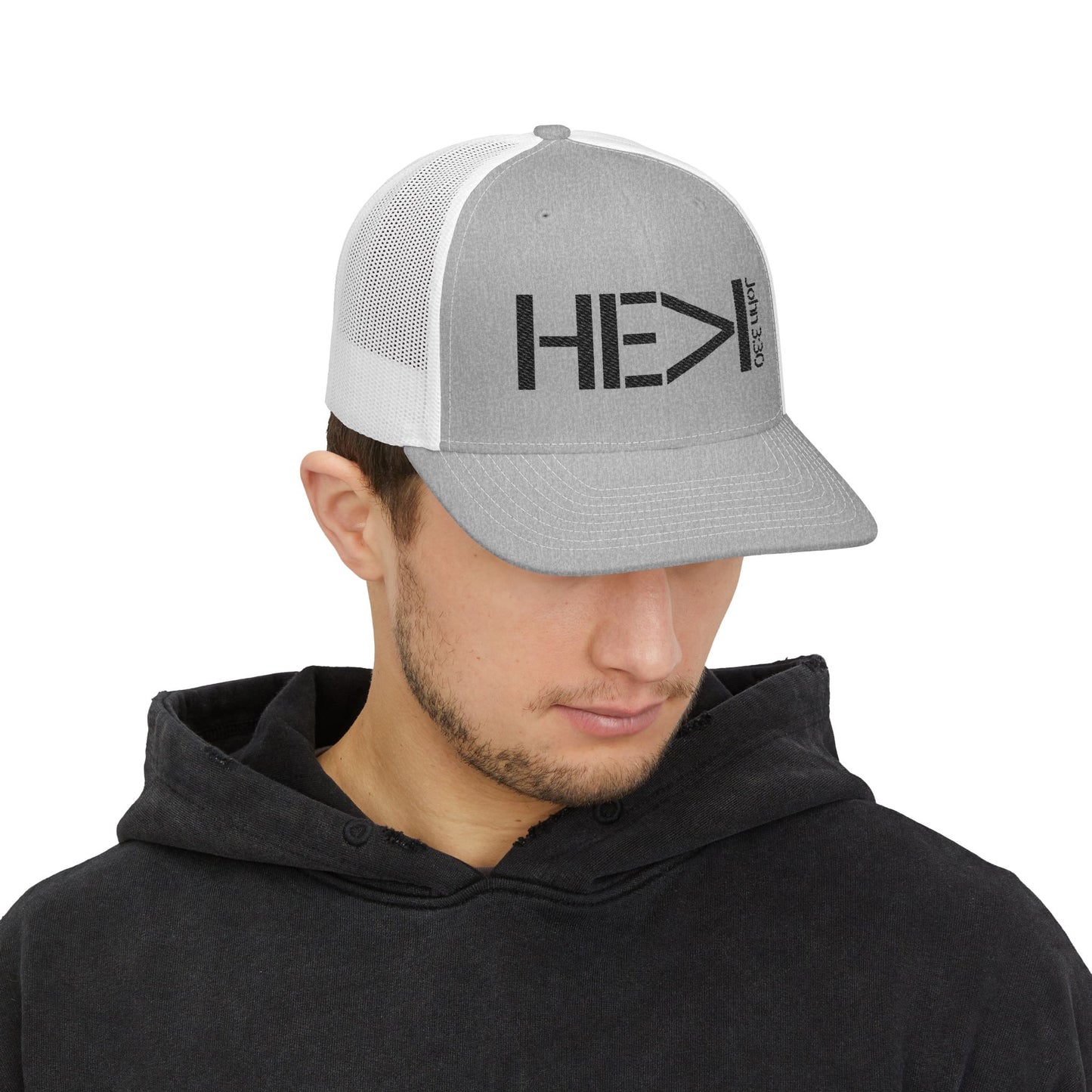 He Must Become Greater – Black Text Snapback Trucker Hat (Richardson 112)