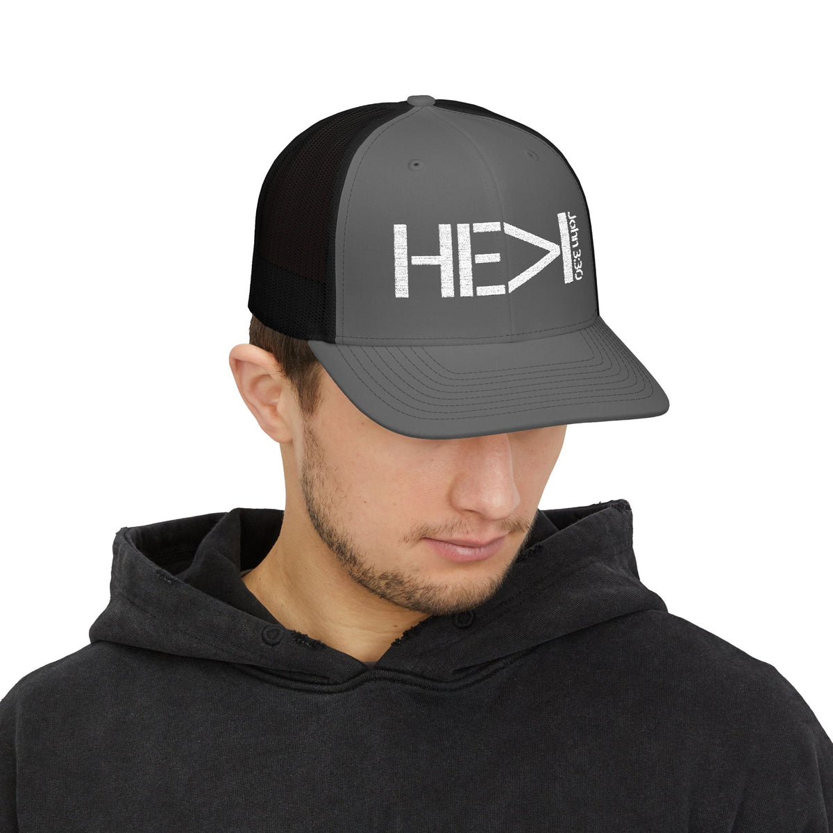 He Must Become Greater – White Text Snapback Trucker Hat (Richardson 112)